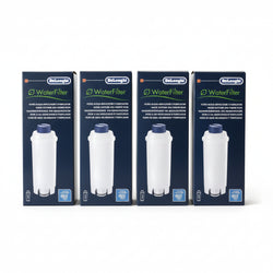 Four boxes of Delonghi water filters on a white background