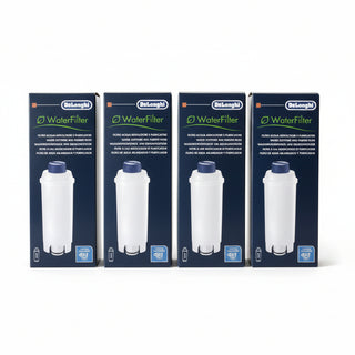 Four boxes of Delonghi water filters on a white background