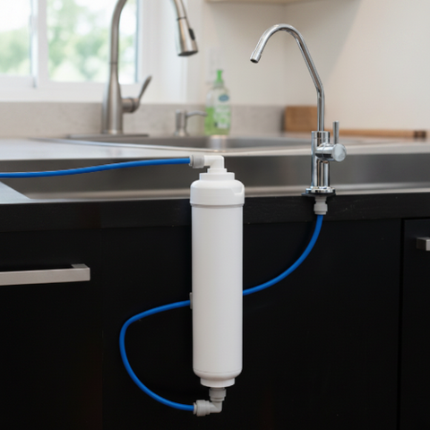 Water filtration system attached to a kitchen sink with blue tubing.