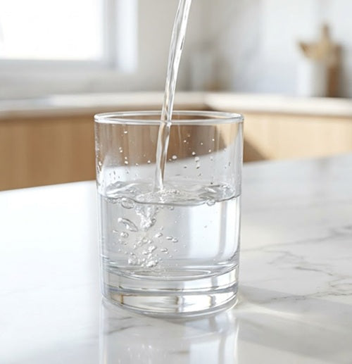 Clear glass being filled with water on a marble surface