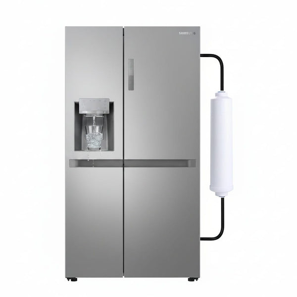 A stainless steel side-by-side refrigerator with a water and ice dispenser on the left door, shown against a plain white background with a white cylindrical filter and black tubing attached on the right side.