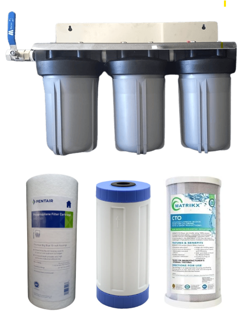 triple whole home water filter system with stainless steel bracket and ball valve assembled and 3 filters