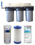 triple whole home water filter system with stainless steel bracket and ball valve assembled and 3 filters