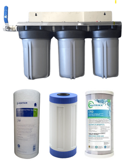 triple whole home water filter system with stainless steel bracket and ball valve assembled and 3 filters