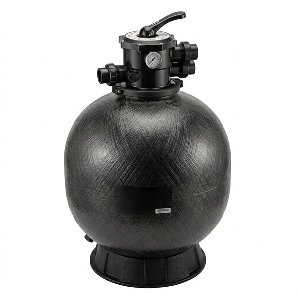 filter master black fibreglass woven filter tank with gauage and ports on white background