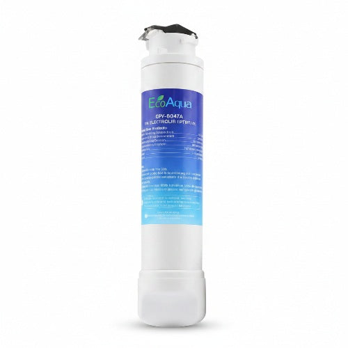 White water filter cartridge with blue label on a white background