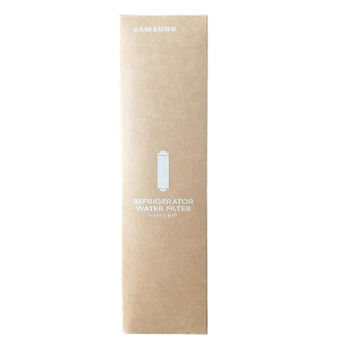 Samsung refrigerator water filter replacement box in a kraft paper style packaging, standing upright on a dark textured carpet.