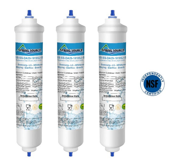 Three Spring Source water filters with labels on a white background
