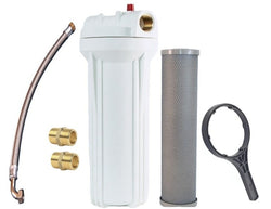 White water filter system with hose, connectors, and additional filter components on a white background