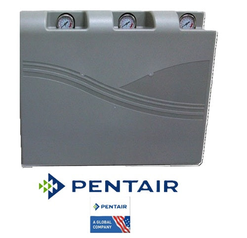 Gray rectangular device with three gauges on a white background, featuring Pentair logo.