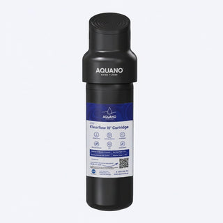 A single Aquano KlearFlow 10" Cartridge water filter cartridge, shown vertically against a light gray background. The cartridge is black with a white and blue label on the lower half, and the Aquano brand name is clearly visible.