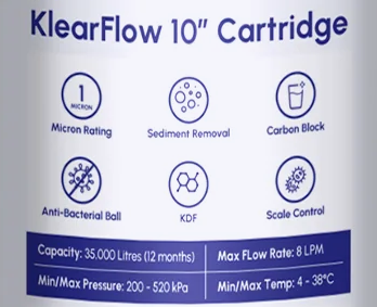 KlearFlow 10-inch cartridge packaging with features and specifications on a white background