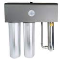 Stainless steel water filter with Aquano logo on a white background