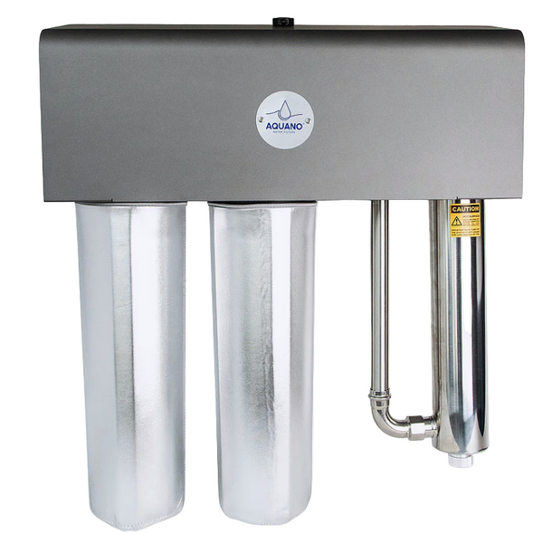 Stainless steel water filter with Aquano logo on a white background