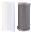 Two filter cartridges, one white and cylindrical with a blue top, the other gray and cylindrical, on a white background.