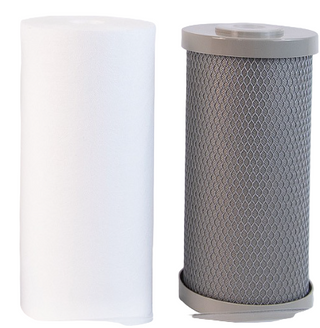 Two filter cartridges, one white and cylindrical with a blue top, the other gray and cylindrical, on a white background.