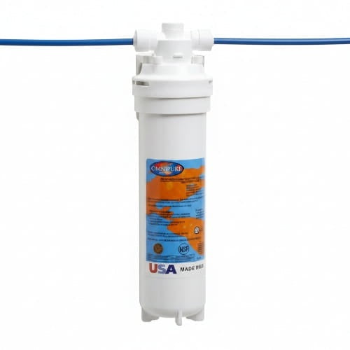 A white Onondurp water filter cartridge with a blue and orange label, shown with a blue water supply tube connected at the top against a white background.