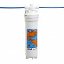 A white Onondurp water filter cartridge with a blue and orange label, shown with a blue water supply tube connected at the top against a white background.