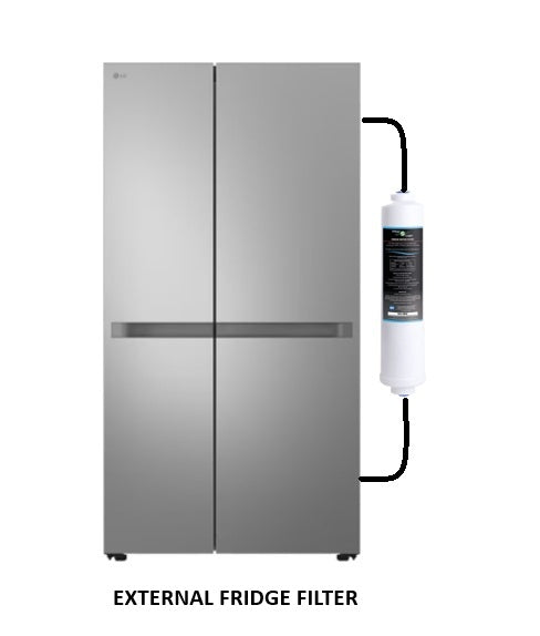 External fridge filter attached to a silver refrigerator on a white background