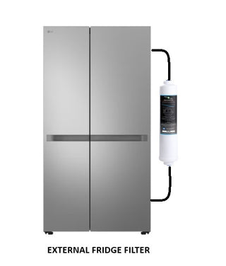 External fridge filter attached to a silver refrigerator on a white background