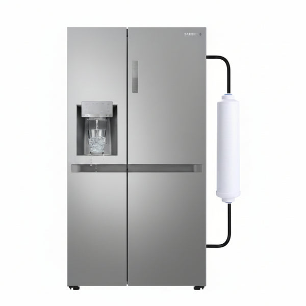 External fridge filter attached to a silver refrigerator on a white background