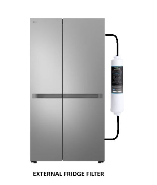 External fridge filter attached to a silver refrigerator on a white background