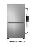 External fridge filter attached to a silver refrigerator on a white background