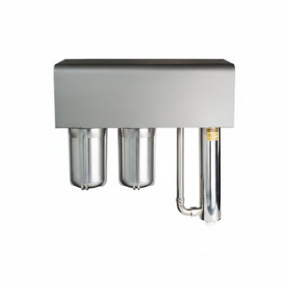 Metallic water filtration system with cylindrical components on a white background