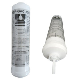 okdf-gac water filter vertical view and end view with tubing  on white background