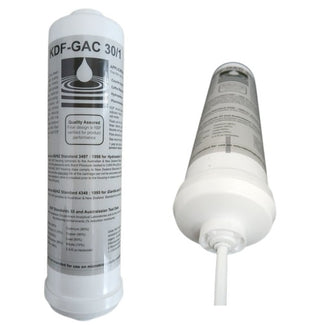 okdf-gac water filter vertical view and end view with tubing  on white background