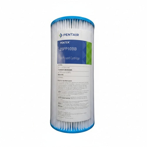 Pentair Pentek 20PP10BB filtered cartridge, a cylindrical replacement filter with white pleated media and blue plastic end caps, shown on a white background.