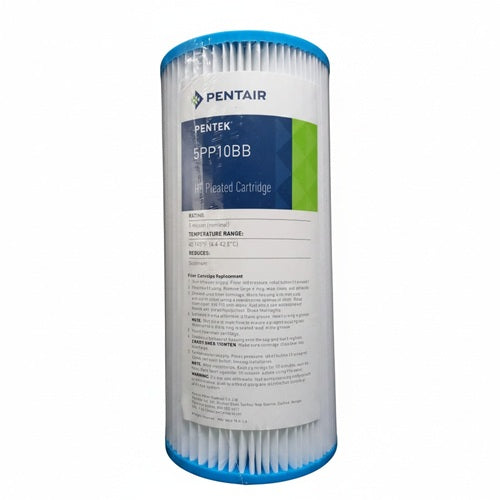 Pentair 5PP10BB float cartridge filter replacement, featuring a white pleated body with blue plastic end caps and a white label with blue and green branding.