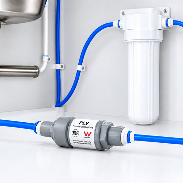 PLV with blue tube and a wite mounted water filter single housing underbench