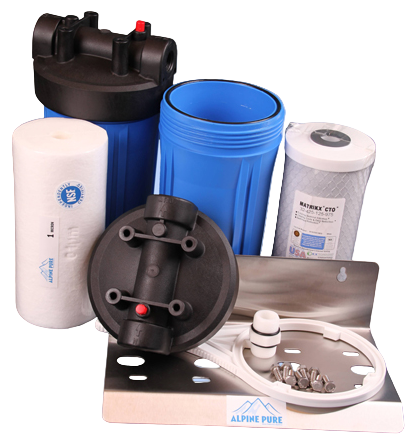 Collection of water filtration components on a blue background with 'Alpine Pure' branding.