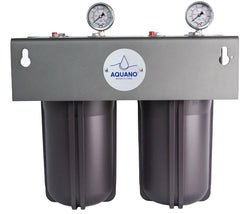 Aquano water filter system with two cylindrical filters and pressure gauges on a white background