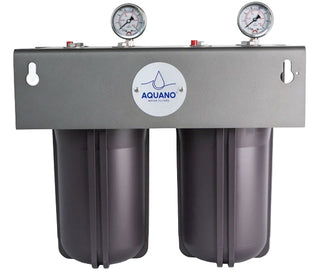 Aquano water filter system with two cylindrical filters and pressure gauges on a white background