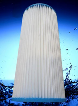 Filter cartridge with water droplets on a blue background