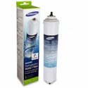 Samsung refrigerator water filter cartridge shown next to its retail packaging box, with a blurred kitchen background.