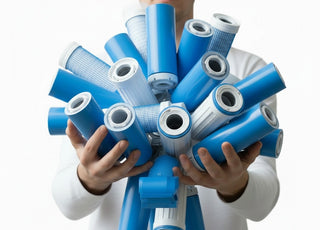 A person in a white shirt holds a cluster of blue and white cylindrical replacement filters against a plain white background.