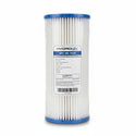 A cylindrical HydroNix pool filter cartridge, model SPC-45-1020, featuring white pleated filter media with blue plastic end caps and a white label in the center.