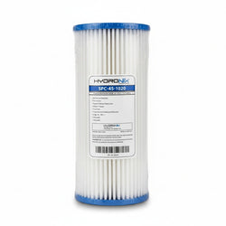 A cylindrical HydroNix pool filter cartridge, model SPC-45-1020, featuring white pleated filter media with blue plastic end caps and a white label in the center.