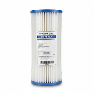 A cylindrical HydroNix pool filter cartridge, model SPC-45-1020, featuring white pleated filter media with blue plastic end caps and a white label in the center.