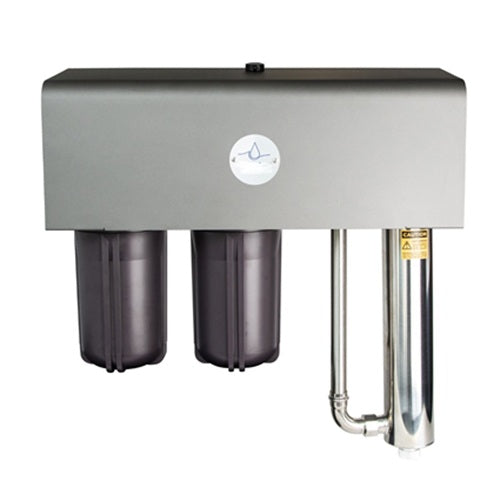 Water filter system with three cylindrical filters and a metallic top on a white background