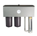 Water filter system with three cylindrical filters and a metallic top on a white background