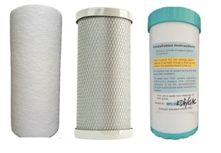 Three air filter cartridges with one showing installation instructions on a white background