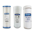 Three cylindrical water filter cartridges displayed side by side on a plain white background. The left filter has a blue top and bottom rim with a white pleated body and a HydroNix label.