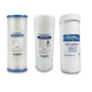 Three cylindrical water filter cartridges displayed side by side on a plain white background. The left filter has a blue top and bottom rim with a white pleated body and a HydroNix label.
