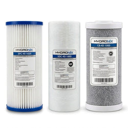 Three Hydronix water filter cartridges shown side by side on a white background: a blue-top prefilter, a white prefilter, and a gray top-end prefilter.