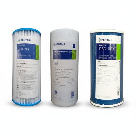 Three Pentair filter cartridges on a white background