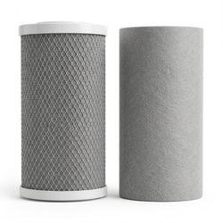 Two cylindrical filters on a white background